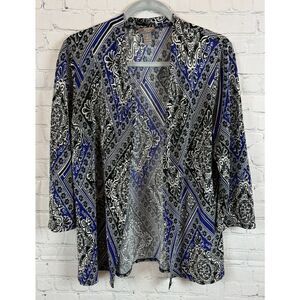 CHICO'S TRAVELERS black blue white gathered knit open front cardigan sweater 1 M